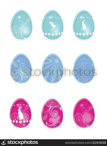 9 different colorful eggs. All elements on separate layers, easily edited.