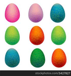 9 easter eggs decorated with golden chickens and rabbits over white