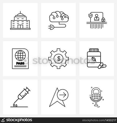 9 Editable Vector Line Icons and Modern Symbols of currency, gear, computer screen, coin, pass id Vector Illustration