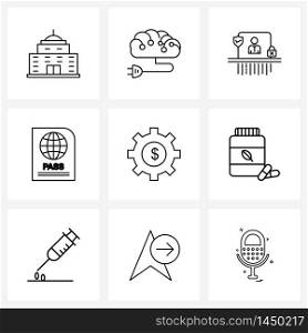 9 Editable Vector Line Icons and Modern Symbols of currency, gear, computer screen, coin, pass id Vector Illustration