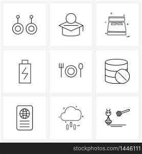 9 Editable Vector Line Icons and Modern Symbols of dinner, holiday, furniture, charging, battery status Vector Illustration
