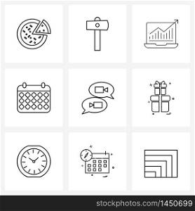 9 Editable Vector Line Icons and Modern Symbols of film, camera, laptop, month, date Vector Illustration