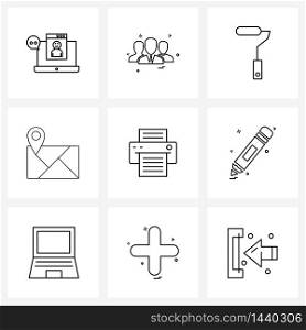 9 Editable Vector Line Icons and Modern Symbols of laser printers, navigator, paint roller, map, geography Vector Illustration