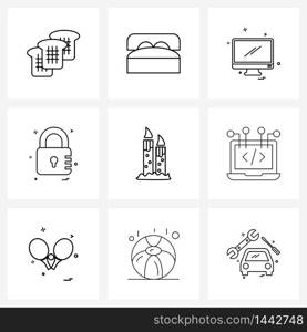 9 Editable Vector Line Icons and Modern Symbols of light, candle, monitor, unlock, lock Vector Illustration