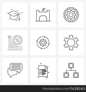 9 Editable Vector Line Icons and Modern Symbols of process, percent, gear, increase, chart Vector Illustration