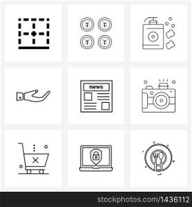 9 Editable Vector Line Icons and Modern Symbols of publication, breaking news, soap, article, hands Vector Illustration