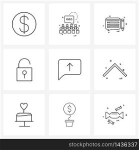 9 Editable Vector Line Icons and Modern Symbols of upload, comment, chat, chat, unlock Vector Illustration