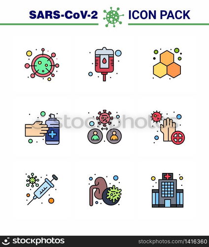 9 Filled Line Flat Color Corona Virus pandemic vector illustrations man, spray, chemistry, medication, gestures viral coronavirus 2019-nov disease Vector Design Elements