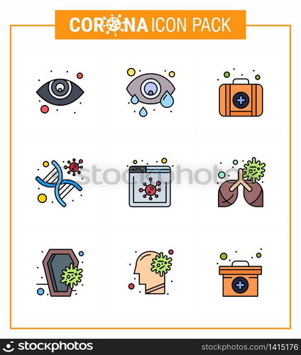 9 Filled Line Flat Color Corona Virus pandemic vector illustrations website, browser, kit, virus, genomic viral coronavirus 2019-nov disease Vector Design Elements