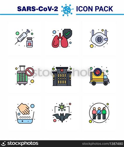 9 Filled Line Flat Color Coronavirus Covid19 Icon pack such as clinic, stop, mask, no travel, ban viral coronavirus 2019-nov disease Vector Design Elements
