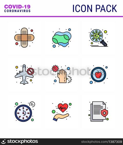 9 Filled Line Flat Color Coronavirus Covid19 Icon pack such as covid, not allow, corona, banned, infrared viral coronavirus 2019-nov disease Vector Design Elements