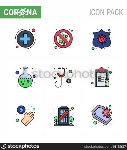 9 Filled Line Flat Color Coronavirus Covid19 Icon pack such as diagnosis, lab, danger, flask, virus viral coronavirus 2019-nov disease Vector Design Elements