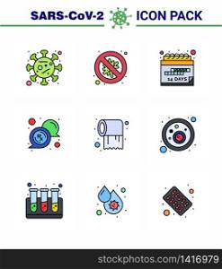 9 Filled Line Flat Color Coronavirus Covid19 Icon pack such as paper, message, danger, medical, schedule viral coronavirus 2019-nov disease Vector Design Elements