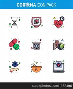 9 Filled Line Flat Color Coronavirus disease and prevention vector icon kit, care, heart, tablet, medicine viral coronavirus 2019-nov disease Vector Design Elements