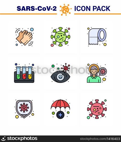 9 Filled Line Flat Color Coronavirus disease and prevention vector icon search, test tubes, epidemic, test, safety viral coronavirus 2019-nov disease Vector Design Elements