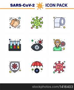 9 Filled Line Flat Color Coronavirus disease and prevention vector icon search, test tubes, epidemic, test, safety viral coronavirus 2019-nov disease Vector Design Elements
