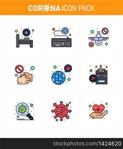 9 Filled Line Flat Color Coronavirus disease and prevention vector icon touch, pandemic, plane, no, covid viral coronavirus 2019-nov disease Vector Design Elements