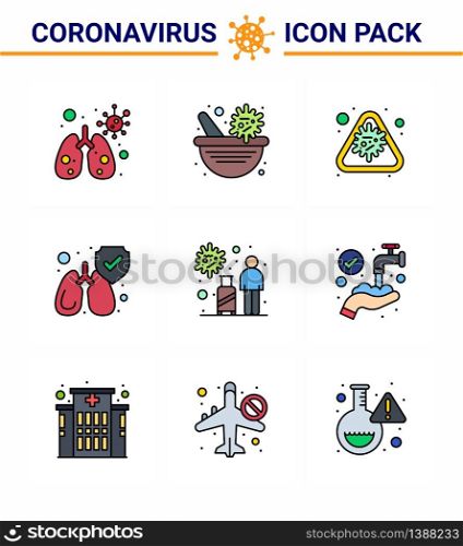 9 Filled Line Flat Color Coronavirus disease and prevention vector icon transmission, infection, corona, clean, protect viral coronavirus 2019-nov disease Vector Design Elements