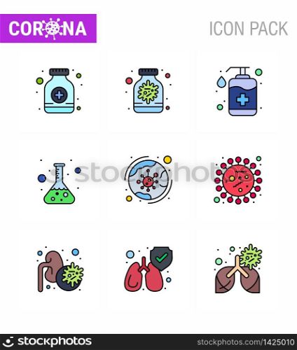 9 Filled Line Flat Color Coronavirus disease and prevention vector icon worldwide, science, bottle, lab, wash viral coronavirus 2019-nov disease Vector Design Elements