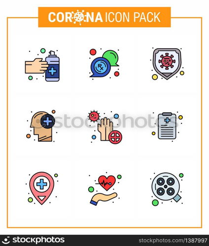 9 Filled Line Flat Color coronavirus epidemic icon pack suck as dirty, human, disease, medical, brain viral coronavirus 2019-nov disease Vector Design Elements