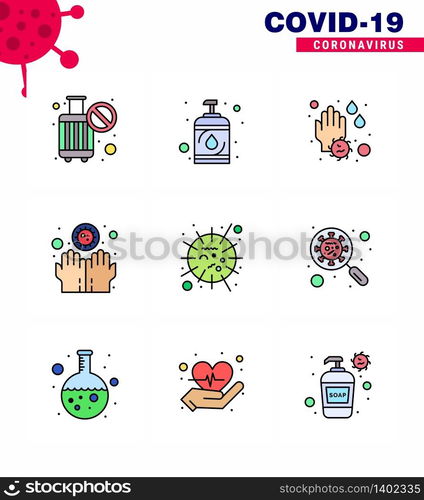 9 Filled Line Flat Color coronavirus epidemic icon pack suck as influenza, infect, hand, hands, dirty viral coronavirus 2019-nov disease Vector Design Elements