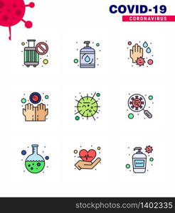 9 Filled Line Flat Color coronavirus epidemic icon pack suck as influenza, infect, hand, hands, dirty viral coronavirus 2019-nov disease Vector Design Elements