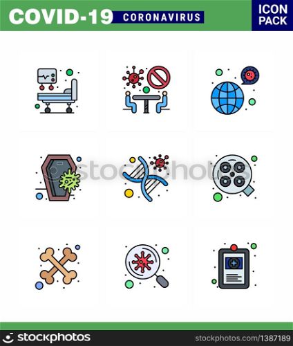9 Filled Line Flat Color Set of corona virus epidemic icons. such as dna, infection, bacteria, death, coffin viral coronavirus 2019-nov disease Vector Design Elements