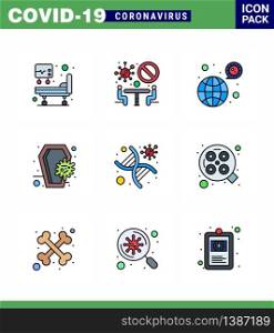 9 Filled Line Flat Color Set of corona virus epidemic icons. such as dna, infection, bacteria, death, coffin viral coronavirus 2019-nov disease Vector Design Elements