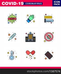9 Filled Line Flat Color Set of corona virus epidemic icons. such as building, thermometer, care, temperature, virus viral coronavirus 2019-nov disease Vector Design Elements