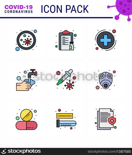 9 Filled Line Flat Color Set of corona virus epidemic icons. such as water, medical, vaccine, hands, healthcare viral coronavirus 2019-nov disease Vector Design Elements