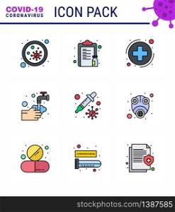 9 Filled Line Flat Color Set of corona virus epidemic icons. such as water, medical, vaccine, hands, healthcare viral coronavirus 2019-nov disease Vector Design Elements