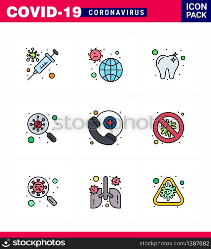 9 Filled Line Flat Color Set of corona virus epidemic icons. such as doctor on call, scan, virus, germs, bacteria viral coronavirus 2019-nov disease Vector Design Elements