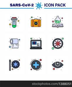9 Filled Line Flat Color Set of corona virus epidemic icons. such as appointment, online, medical, medical, tissue viral coronavirus 2019-nov disease Vector Design Elements