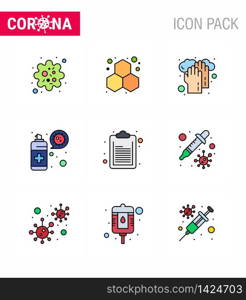 9 Filled Line Flat Color Set of corona virus epidemic icons. such as document, protection, healthcare, virus, cleaning viral coronavirus 2019-nov disease Vector Design Elements