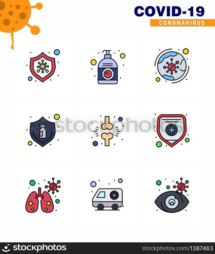 9 Filled Line Flat Color viral Virus corona icon pack such as virus, protection, hand sanitizer, flu, covid viral coronavirus 2019-nov disease Vector Design Elements