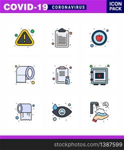 9 Filled Line Flat Color viral Virus corona icon pack such as report, healthcare, food, clipboard, tissue viral coronavirus 2019-nov disease Vector Design Elements