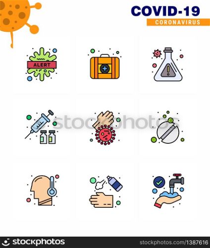 9 Filled Line Flat Color viral Virus corona icon pack such as covid, bacteria, flask, medicine, protection viral coronavirus 2019-nov disease Vector Design Elements