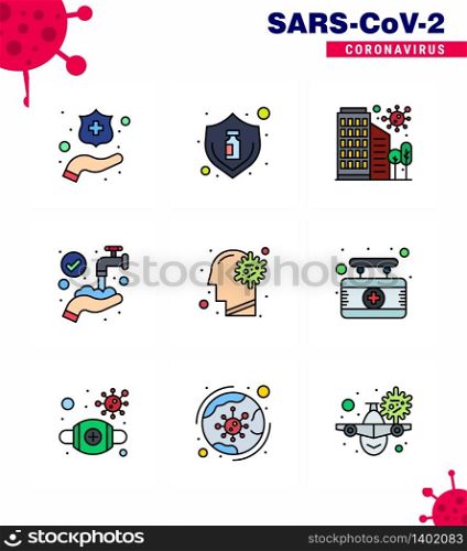 9 Filled Line Flat Color viral Virus corona icon pack such as washing, hands, building, protect, safety viral coronavirus 2019-nov disease Vector Design Elements