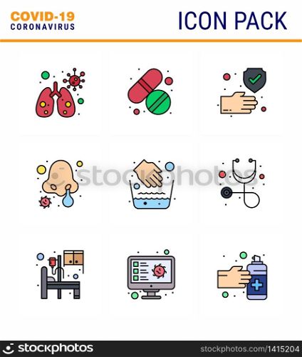 9 Filled Line Flat Color viral Virus corona icon pack such as medical, hands, hand, nose infection, disease viral coronavirus 2019-nov disease Vector Design Elements