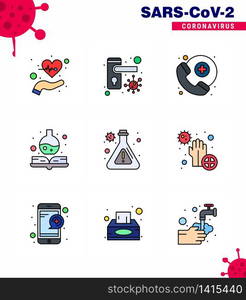 9 Filled Line Flat Color viral Virus corona icon pack such as research, flask, bacteria, medicine book, handbook viral coronavirus 2019-nov disease Vector Design Elements