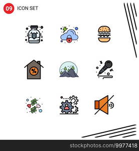 9 Filledline Flat Color concept for Websites Mobile and Apps nature, hill, burger, property, house Editable Vector Design Elements