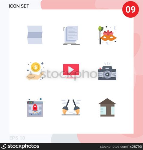 9 Flat Color concept for Websites Mobile and Apps profit, money, mask, hand, circus Editable Vector Design Elements