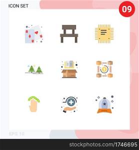 9 Flat Color concept for Websites Mobile and Apps tree, c&ing, park, forest, motherboard Editable Vector Design Elements