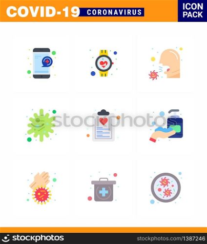 9 Flat Color Corona Virus pandemic vector illustrations epidemic, antigen, smart watch, sneeze virus, illness viral coronavirus 2019-nov disease Vector Design Elements