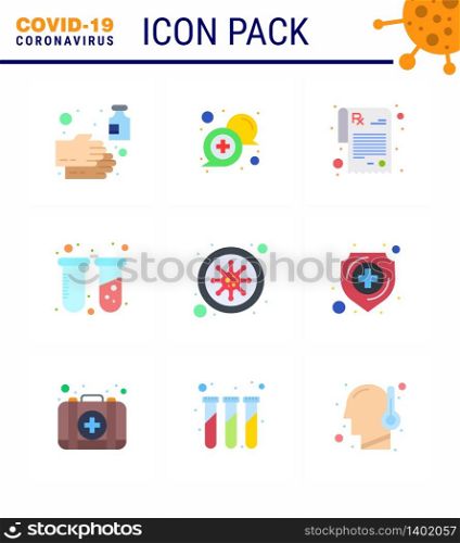 9 Flat Color Coronavirus disease and prevention vector icon bacteria, tubes, online, test, rx viral coronavirus 2019-nov disease Vector Design Elements