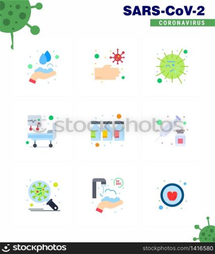 9 Flat Color Coronavirus disease and prevention vector icon drugs, medical treatment, flu, icu, virus viral coronavirus 2019-nov disease Vector Design Elements