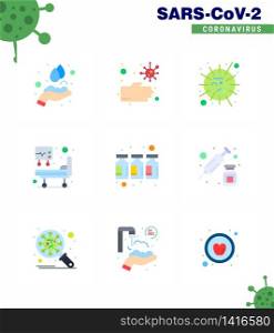 9 Flat Color Coronavirus disease and prevention vector icon drugs, medical treatment, flu, icu, virus viral coronavirus 2019-nov disease Vector Design Elements