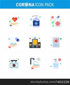 9 Flat Color Coronavirus disease and prevention vector icon hands spray, alcohol, soap, virus, dropper viral coronavirus 2019-nov disease Vector Design Elements