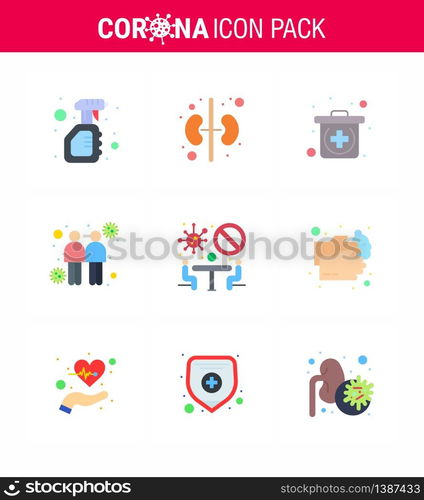 9 Flat Color Coronavirus disease and prevention vector icon meeting, banned, emergency, transmitters, spread viral coronavirus 2019-nov disease Vector Design Elements