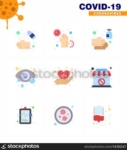 9 Flat Color coronavirus epidemic icon pack suck as eye infection, conjunctivitis, hands, sanitizer, soap viral coronavirus 2019-nov disease Vector Design Elements